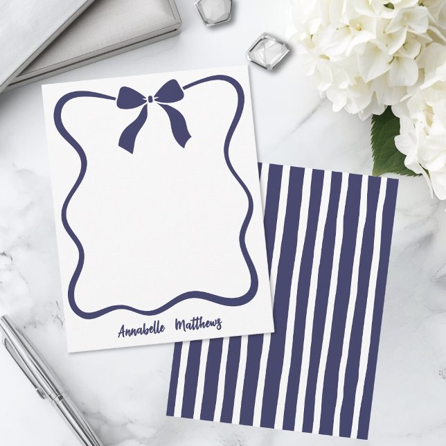 Blue Retro Bow Wavy Border Personalised Card (Blue Retro Bow Wavy Border Personalized Note Card )