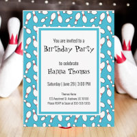 Blue Retro Bowling Birthday Invitation Postcard