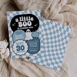 Blue Retro Checker Little Boo Baby Shower Invitation