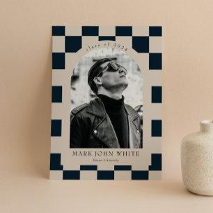 Blue Retro Checkered Arch Classic Photo Graduation Invitation