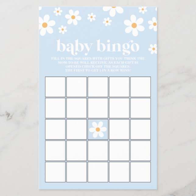 Blue Retro Daisy Baby Shower Bingo Flyer (Front)