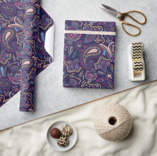 Blue retro ethnic vintage paisley floral pattern wrapping paper
