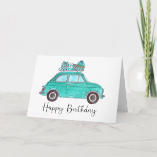 Blue Retro Fiat 500 Birthday Card