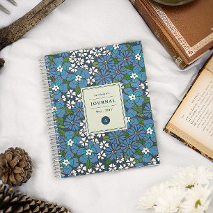 Blue Retro Floral Pattern Monogrammed Notebook
