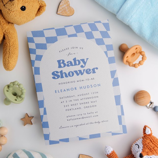 Blue Retro Groovy 70s Chequerboard Baby Shower Invitation (Baby shower invitation with blue checkerboard pattern and groovy, retro, 70s theme)