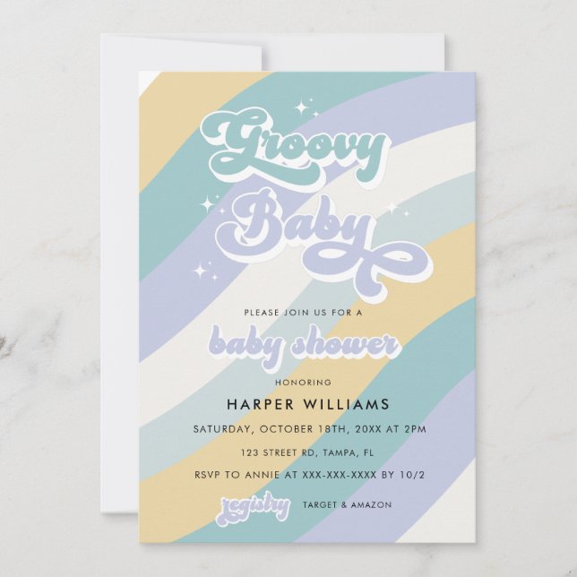 Blue Retro Groovy Baby Shower  Invitation (Front)