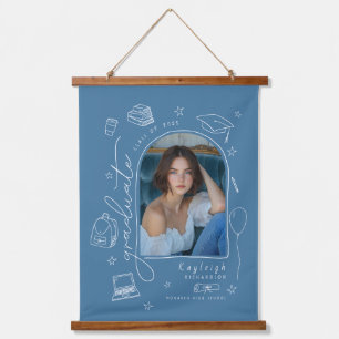 Blue Retro Hand Drawn Photo Graduation Hanging Tapestry