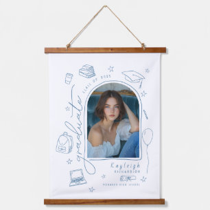 Blue Retro Hand Drawn Photo Graduation  Hanging Tapestry
