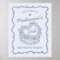 Blue Retro Heart Coquette Cake Birthday Welcome