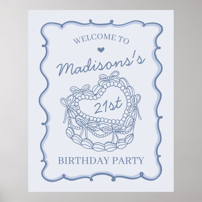 Blue Retro Heart Coquette Cake Birthday Welcome Poster (Front)