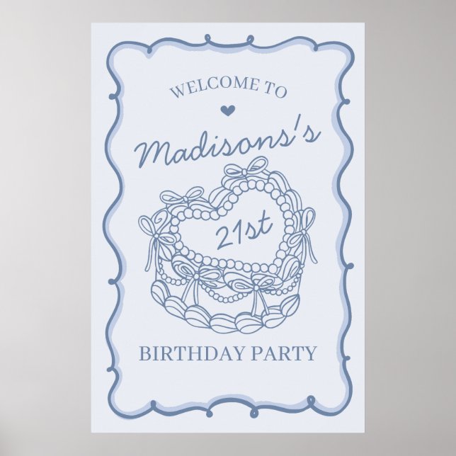 Blue Retro Heart Coquette Cake Birthday Welcome Poster (Front)