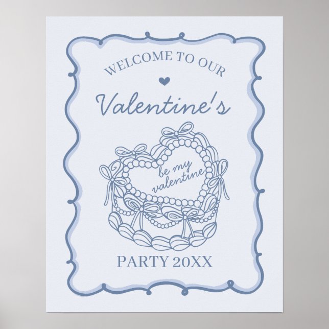 Blue Retro Heart Coquette Cake Valentines Welcome Poster (Front)