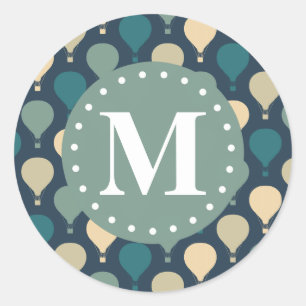 Blue Retro Hot Air Balloon Pattern Monogram Classic Round Sticker