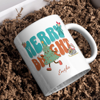 Blue Retro Merry Bright Name Christmas Tree Mug