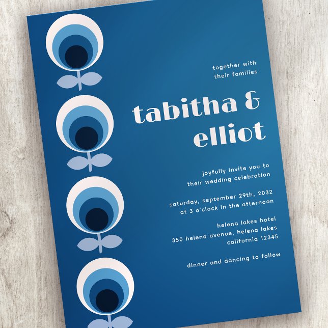 Blue Retro Mid Century Floral Wedding Invitation (Creator Uploaded)