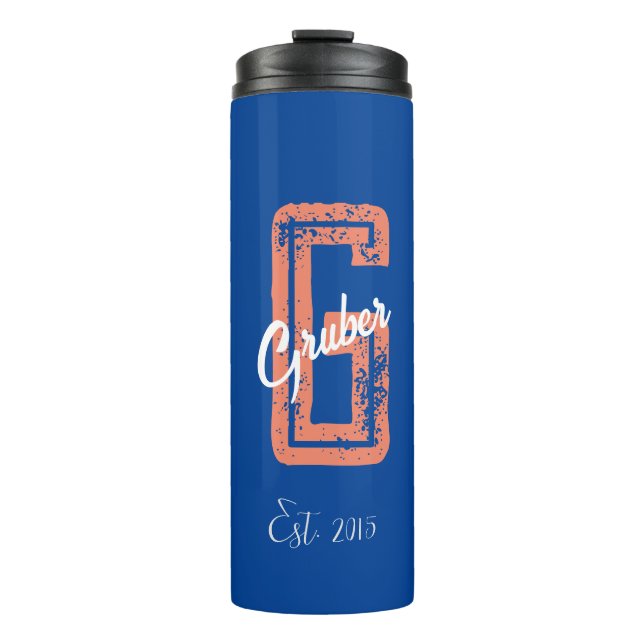 Blue Retro Minimalist Modern Monogram Name  Thermal Tumbler (Front)