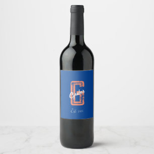 Blue Retro Minimalist Modern Monogram Name Wine Label