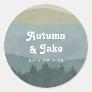 Blue Retro Mountains and Forest Wedding Favor Classic Round Sticker
