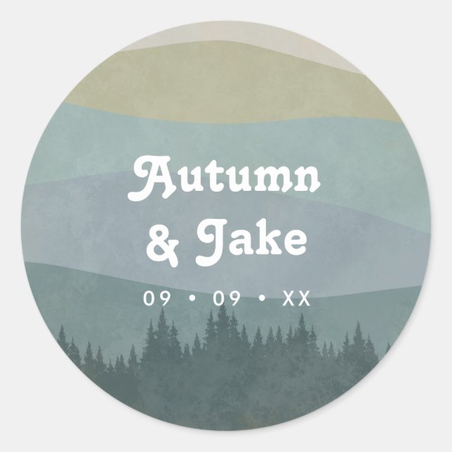 Blue Retro Mountains and Forest Wedding Favor Classic Round Sticker (Front)