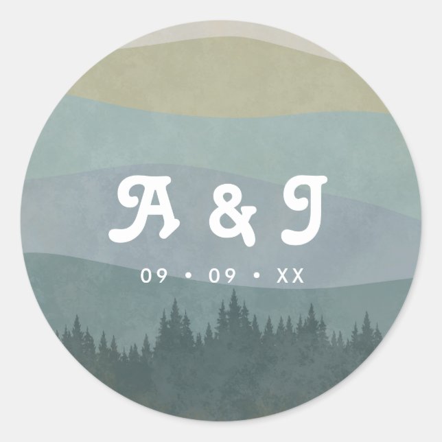 Blue Retro Mountains and Forest Wedding Monogram Classic Round Sticker (Front)
