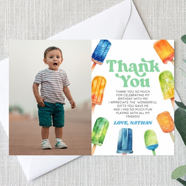 Blue Retro Popsicle Custom Picture Birthday Party Thank You Card (Creator Uploaded)