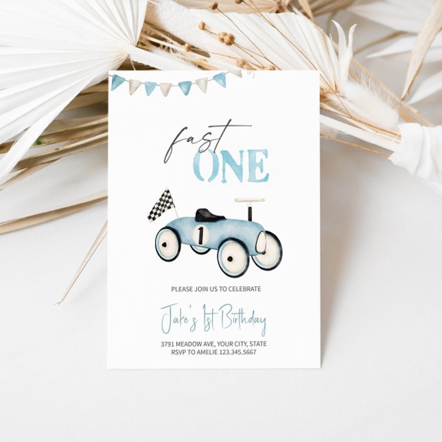 Blue Retro Race Car Ride-On Birthday Invitation  (Creator Uploaded)