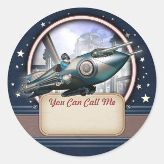 Blue Retro Rocket Name Tag Stickers