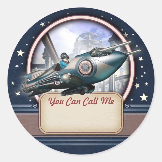 Blue Retro Rocket Name Tag Stickers (Front)