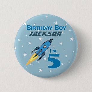 Blue Retro Rocket Ship Personalised Birthday Boy 6 Cm Round Badge