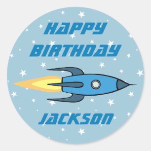 Blue Retro Rocket Ship Personalised Birthday Boy Classic Round Sticker