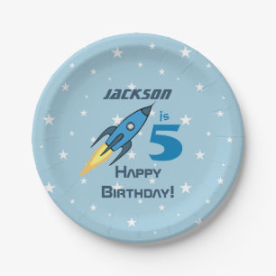Blue Retro Rocket Ship Personalised Birthday Boy Paper Plate