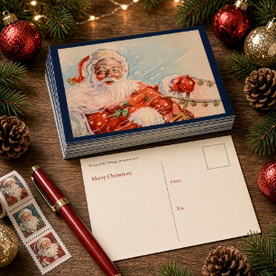 Blue Retro Santa's Sleigh Ride Simple Christmas Holiday Postcard