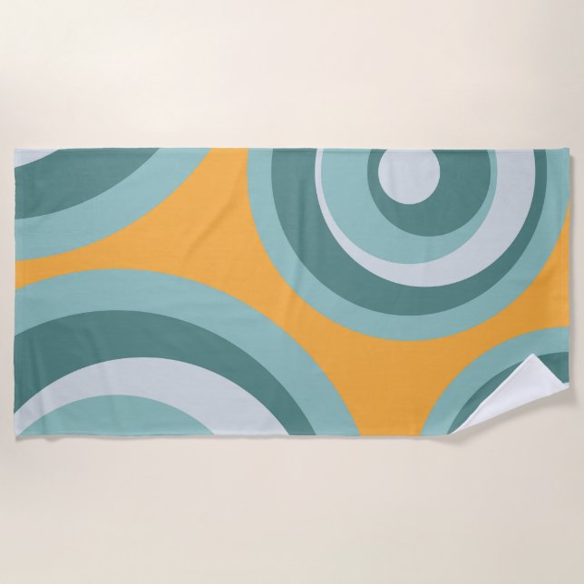 Blue retro style circles on yellow background beach towel (Front)