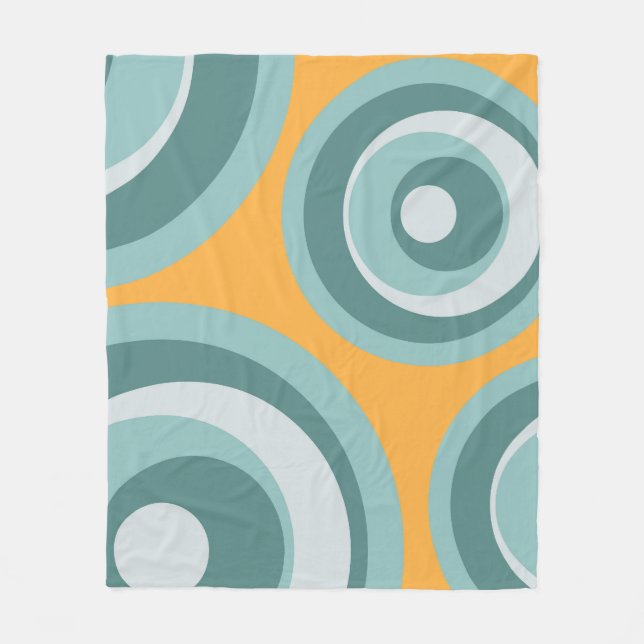 Blue retro style circles on yellow background fleece blanket (Front)