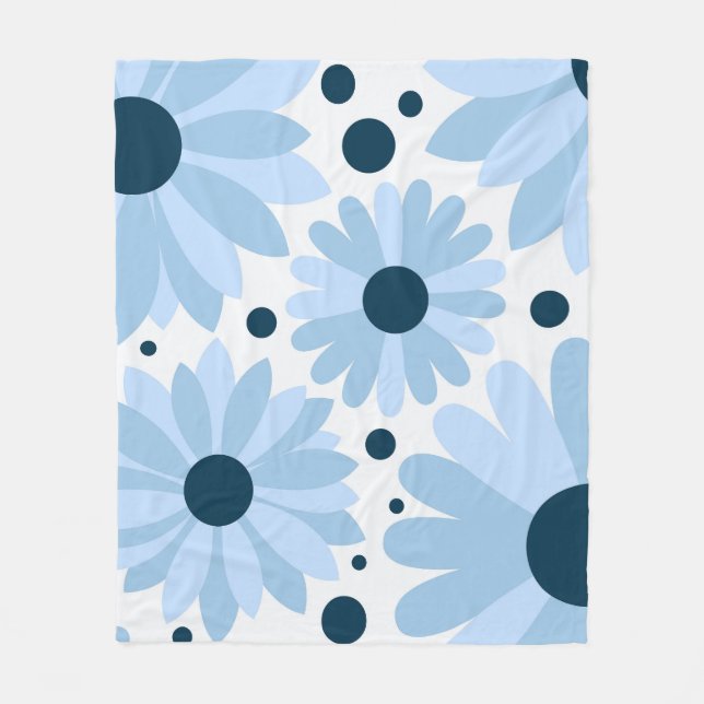 Blue retro style daisies and dark blue dots fleece blanket (Front)