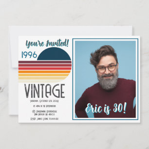 Blue Retro Sun 1996 Photo 30th Birthday Stripe Holiday Card