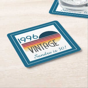 Blue Retro Sun 1996 Photo 30th Birthday Stripe  Square Paper Coaster