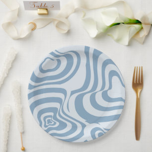 Blue Retro Swirl Groovy Y2K Pattern  Paper Plate