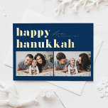 Blue Retro Typography Happy Hanukkah Two Photo<br><div class="desc">Happy Hanukkah! Send your Hanukkah greetings to family and friends with this customisable photo Hanukkah card. It features retro bold typography. Personalise by adding your details. This custom Hanukkah card is available on other colours and cardstock. Matching items are available.</div>