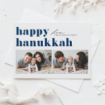 Blue Retro Typography Happy Hanukkah Two Photo Holiday Card<br><div class="desc">Happy Hanukkah! Send your Hanukkah greetings to family and friends with this customisable photo Hanukkah card. It features retro bold typography. Personalise by adding your details. This custom Hanukkah card is available on other colours and cardstock. Matching items are available.</div>