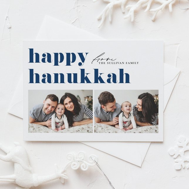 Blue Retro Typography Happy Hanukkah Two Photo Holiday Card (Creator Uploaded)