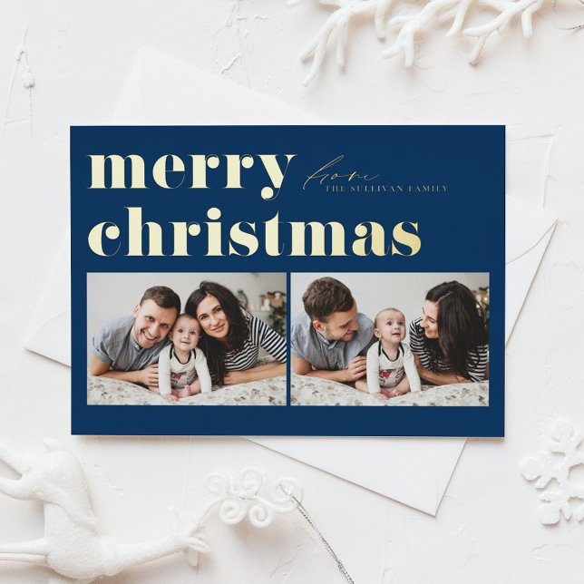 Blue Retro Typography Merry Christmas Two Photo Foil Holiday Postcard (Creator Uploaded)