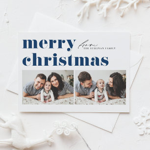 Blue Retro Typography Merry Christmas Two Photo Holiday Card