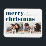 Blue Retro Typography Merry Christmas Two Photo Magnet<br><div class="desc">Celebrate the holiday spirit with our customisable photo Christmas magnet! Perfect for capturing your favourite festive moments, this magnet allows you to create a unique keepsake that showcases your family’s joy and love during the holiday season. It features retro bold typography. Personalise by adding your details. This customisable magnet makes...</div>