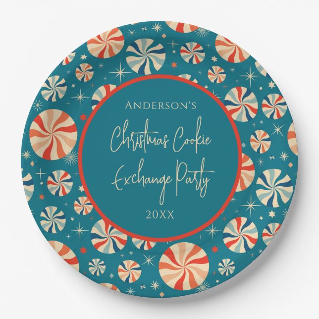 Blue Retro Vintage Christmas Cookie Exchange Paper Plate (Front)