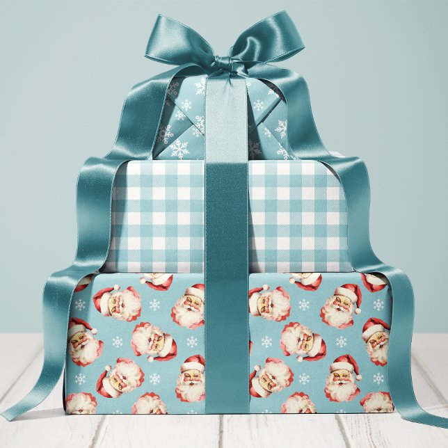 Blue Retro Vintage Santa Christmas Wrapping Paper Sheet (Creator Uploaded)