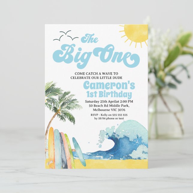 Blue Retro Wave Surf The Big One 1st Birthday Invitation (Standing Front)