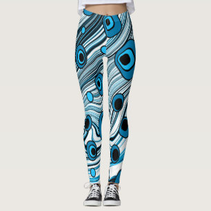 Blue Retro Wavy Art with Black and White Colour Leggings