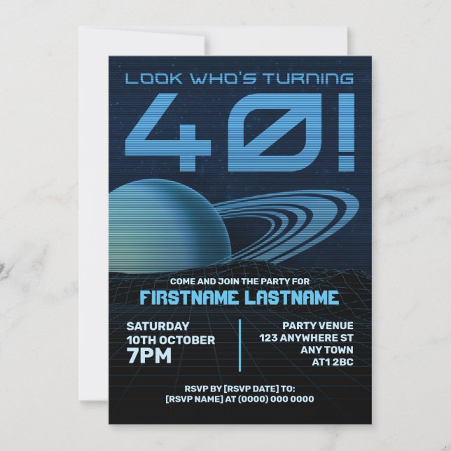 Blue Retrowave 40th Birthday Party Invitation (Front)