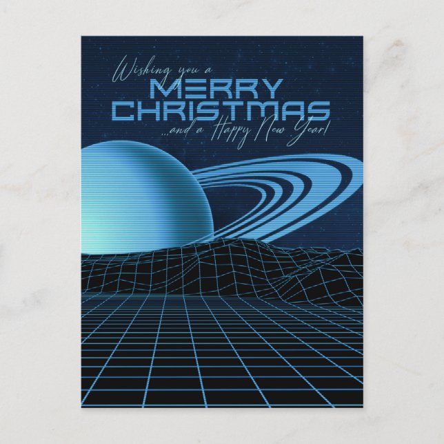 Blue Retrowave Christmas Postcard (Front)